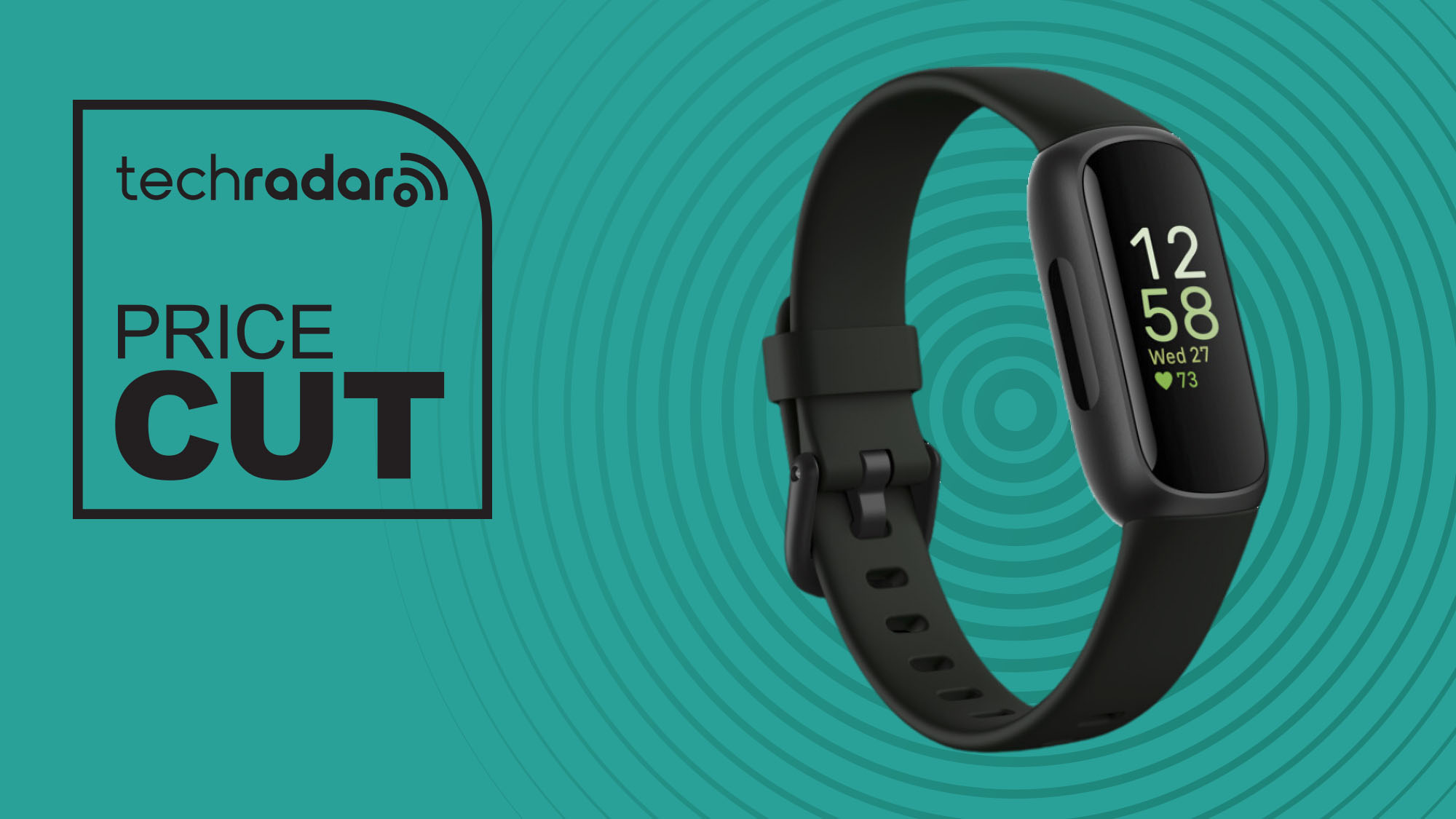 Fitbit Inspire 3 in black on cyan background with TechRadar price cut sign