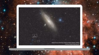 A laptop is shown displaying an image of a spiral galaxy against a starry deep-space background complete with red nebula clouds.