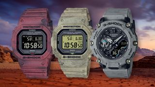 Three Casio G-Shock watches against desert background
