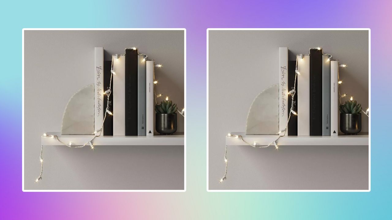 String lights on bookshelf