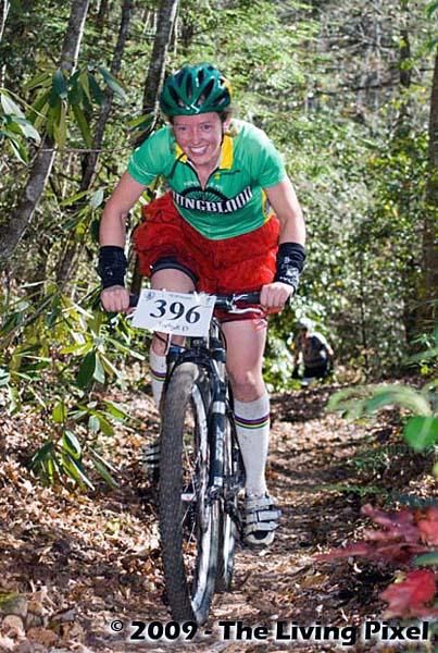 Shanna Powell (Endless Bike Company / www.endlessbikes.com) rides the first climb on Long Branch Trail on her way to third place in the women's race (4:44:58).