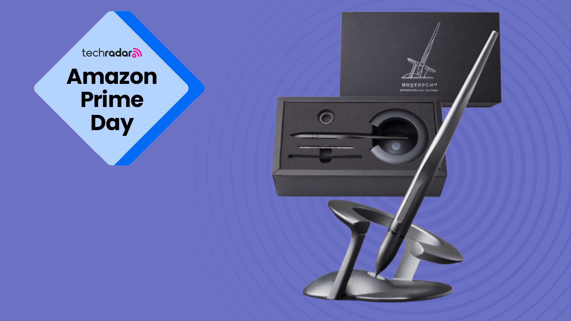 The novium Hoverpen Interstellar on a purple background next to a TechRadar badge that reads 'Amazon Prime Day'