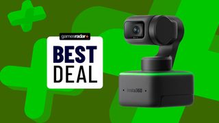 An Insta360 Link webcam on top of a green background, with a Best Deal stamp next to it