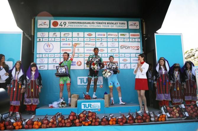 Stage 3 podium (L-R): Mustafa Sayar (Torku Sekerspor), Natnael Berhane (Team Europcar) and Kevin Seeldraeyers (Astana)