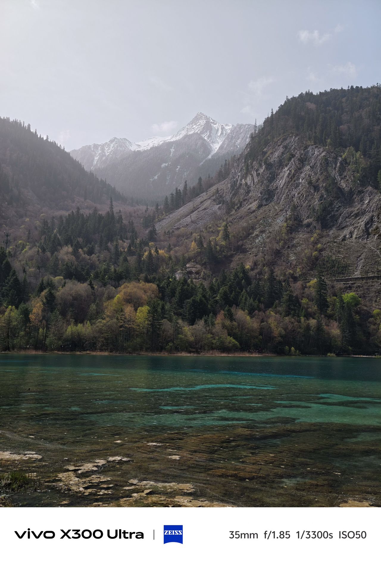 A wide view of a clear turquoise lake beneath towering, dark green pine forests and snow-capped mountain peaks.