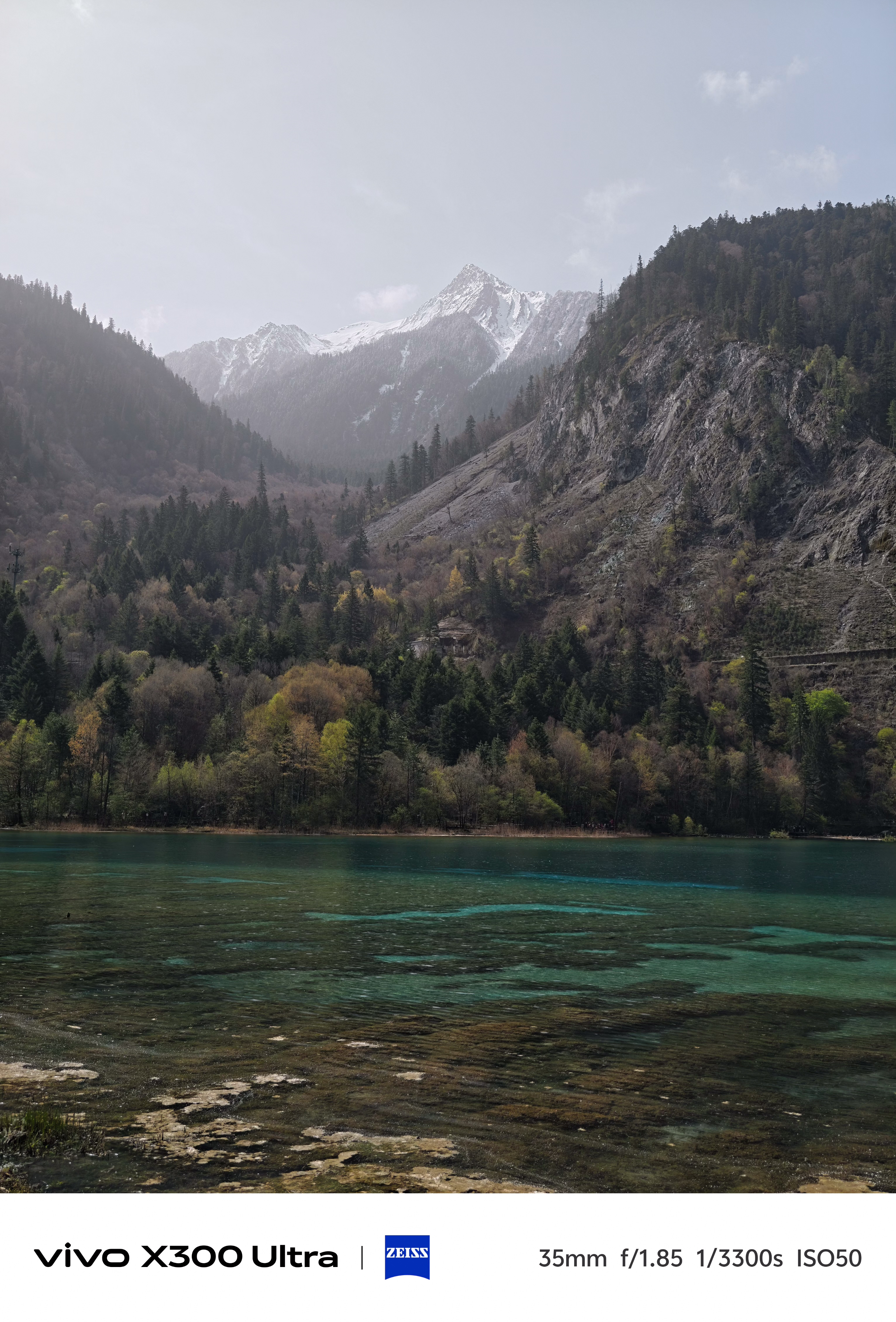 A wide view of a clear turquoise lake beneath towering, dark green pine forests and snow-capped mountain peaks.