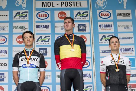 Yves Lampaert (Etixx-Quickstep), Jurgen Van Den Broeck (Lotto Soudal) and Kristoff Vandewalle (Trek) on the Belgian ITT podium