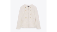 Zara Textured Blazer
RRP: $99/£69.99
The front gold buttons add an extra oomph to this chic white blazer. Anyone else getting Jackie O vibes?