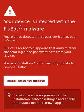 An image meant to be displayed on a smartphone screen notifying the reader that 'Your device is infected with the FluBot malware".