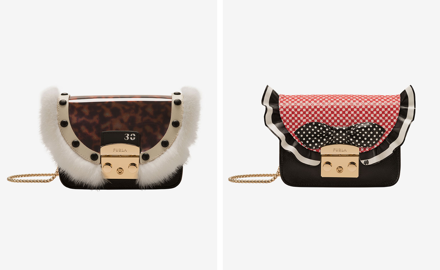 Bag with with tortoiseshell PVC, mink fur, leather ruffles and a bow.