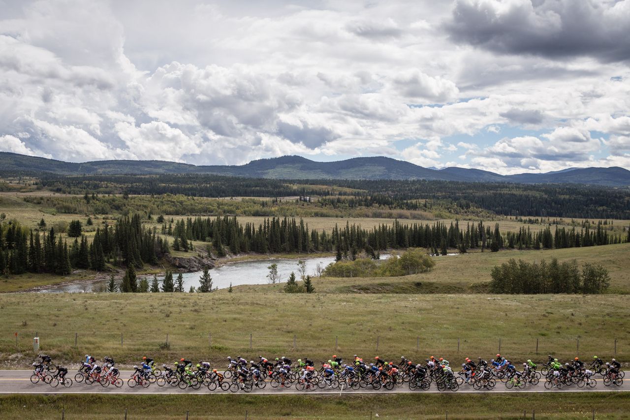 Cloudy skies loom as the race drops down towards Olds