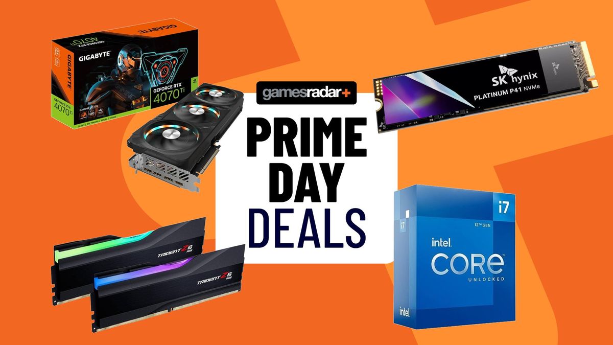 Prime Day badge surrounded by Intel Core i7 CPU box, SK hynix Platinum P41 SSD, G.SKILL Trident RAM and RTX 4060 graphics card with orange backdrop 