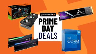 Prime Day badge surrounded by Intel Core i7 CPU box, SK hynix Platinum P41 SSD, G.SKILL Trident RAM and RTX 4060 graphics card with orange backdrop 