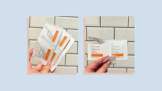 two shots of the dr gross alpha beta peel pads -taken by senior beauty editor Rhiannon Derbyshire, holding three satchets, and the second of the open packet with the cloth showing