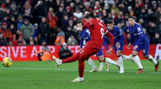 LIVERPOOL, ENGLAND - JANUARY 31: Darwin Nunez of Liverpool misses a penalty kick which hits the post during the Premier League match between Liverpool FC and Chelsea FC at Anfield on January 31, 2024 in Liverpool, England. (Photo by Clive Brunskill/Getty Images)