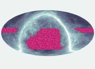 dark matter map showing magenta fuzzy sections in the center and to the sides of the sky map with a bright arc flowing the through the middle of the sky map. 