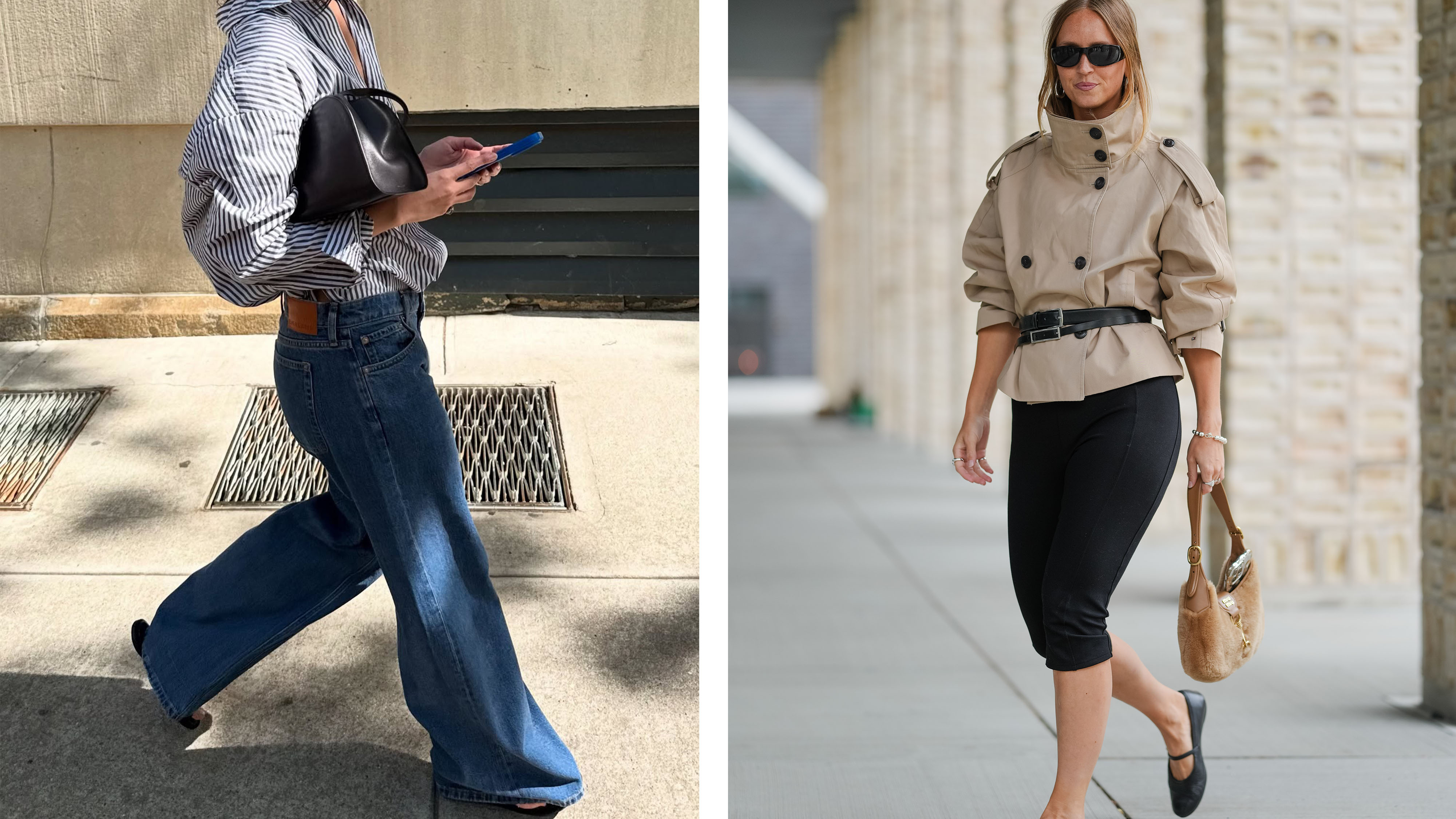 Woman in a button-down and jeans looking at her phone; woman in a cropped trench coat and capri pants