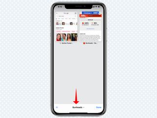 A red arrow highlights the tab group's named button in the bottom middle of Safari in iOS 15