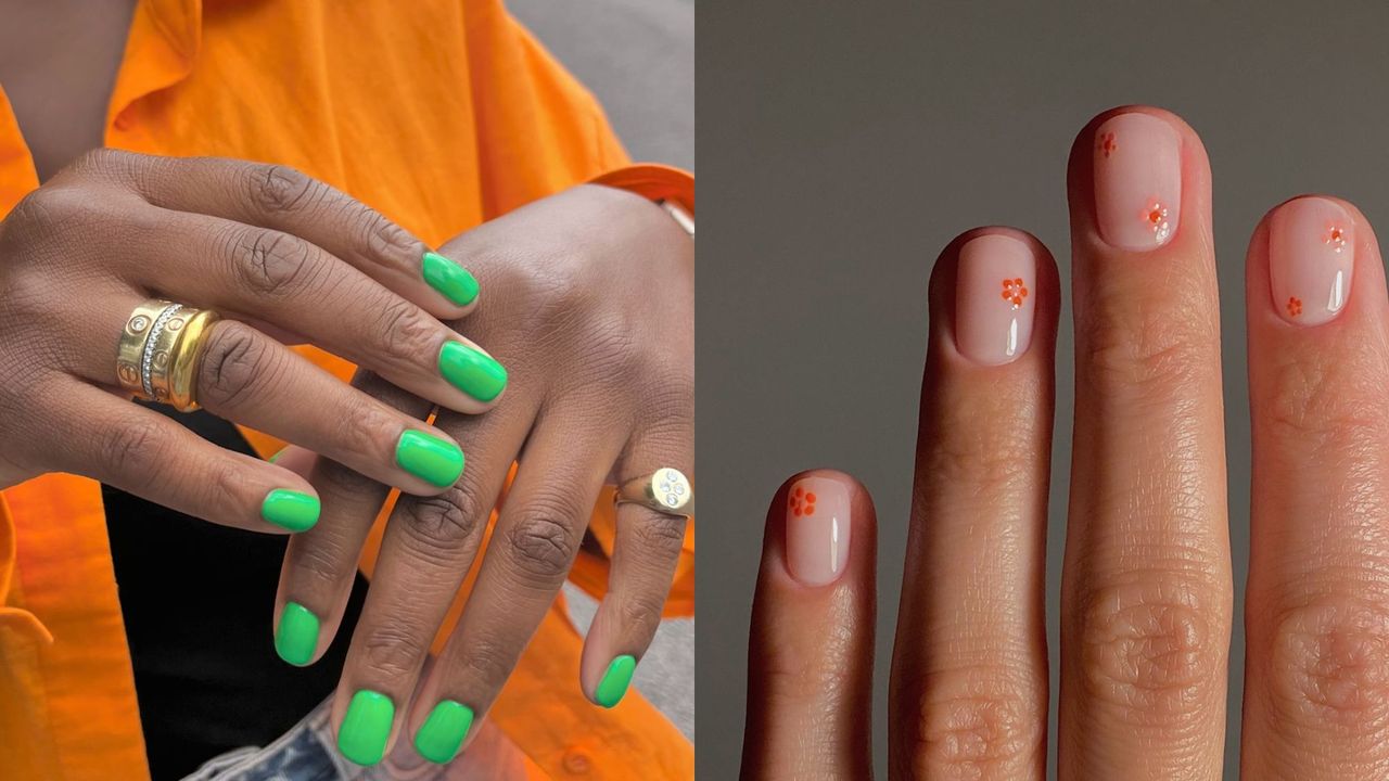 Best holiday nails inspiration, including bright green nils and micro flower dots