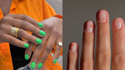 Best holiday nails inspiration, including bright green nils and micro flower dots