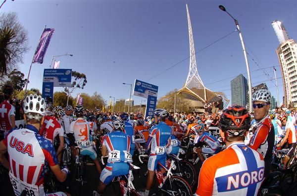 The elite men's field wait for their race to depart Melbourne's Federation Square.