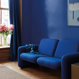 living room paint colours 2023, electric blue living room with bright blue sofa, modern styling, artwork, peonies in vase, blue curtains, wooden floor, rug