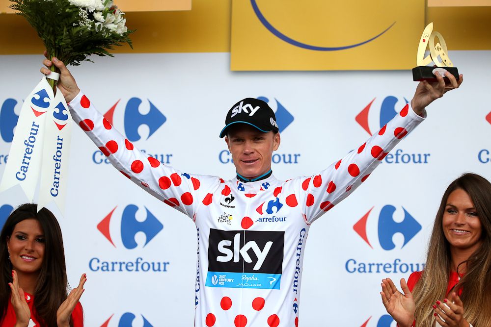 Chris Froome in polka dots on the stage 12 podium.