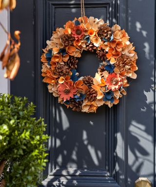 Halloween / fall wreath on gray painted front door