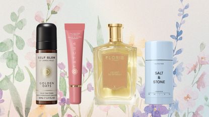Lineup of the best new beauty launches June 2026 (L-R) from Self Tan By James Read, Tatcha, Floris and Salt & Stone on a floral background