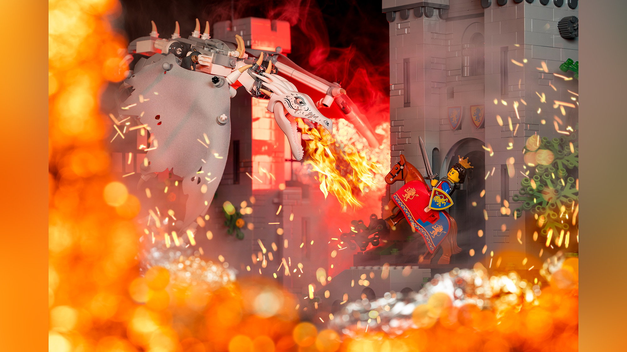 Cinematic toy photo of Lego dragon breathing fire on Lego queen, within a castle setting