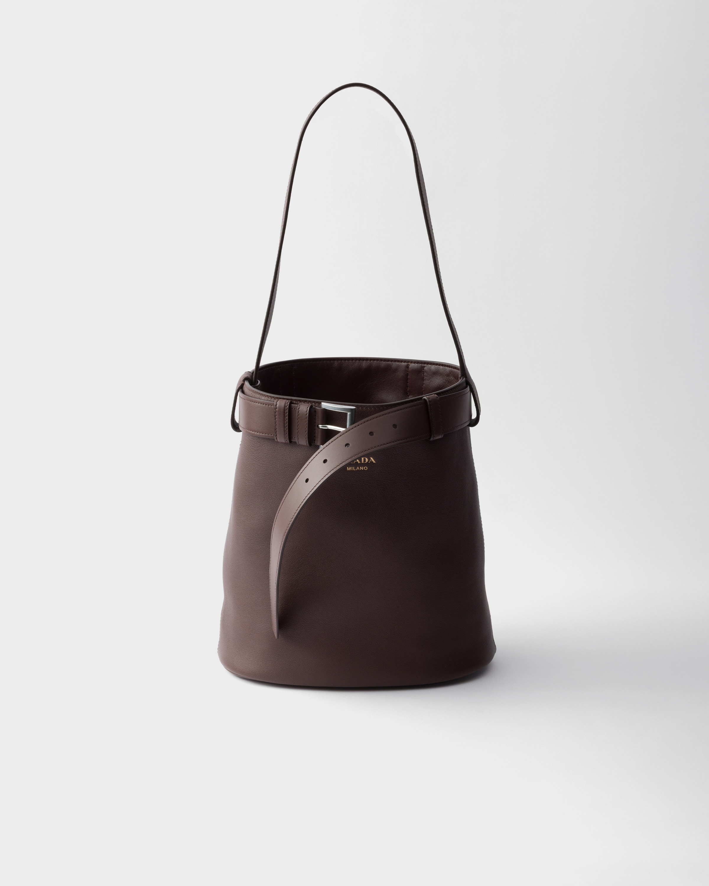 Prada Buckle Leather Bucket Bag With Belt