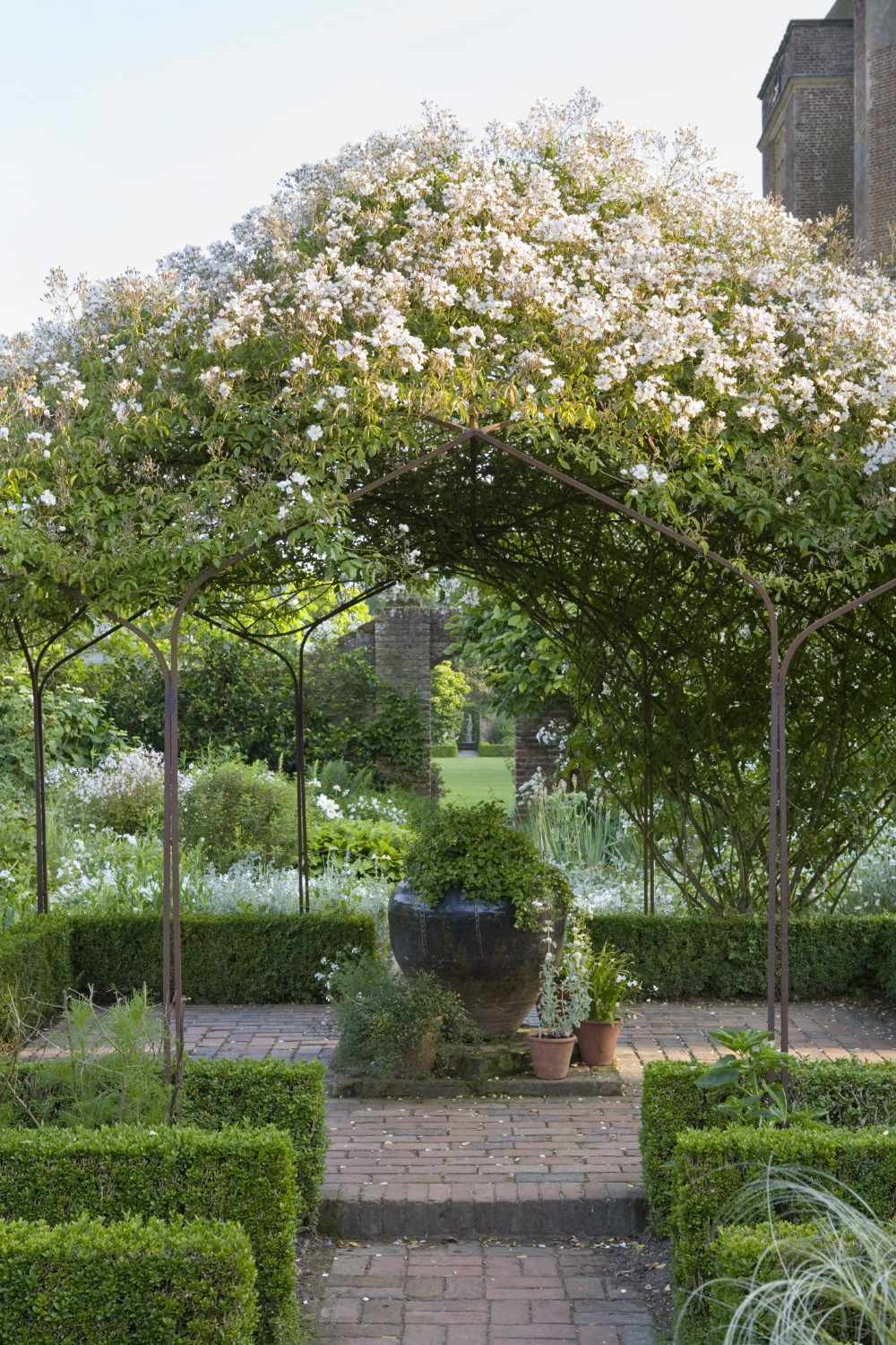 Rose garden ideas - Rose garden growing over pergola at Sissinghurst