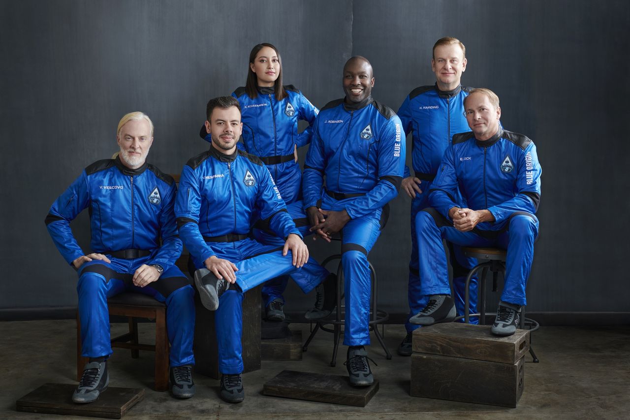 The six members of the NS-21 crew. Left to right: Victor Vescovo, Victor Correa Hespanha, Katya Echazarreta, Jaison Robinson, Hamish Harding and Evan Dick.