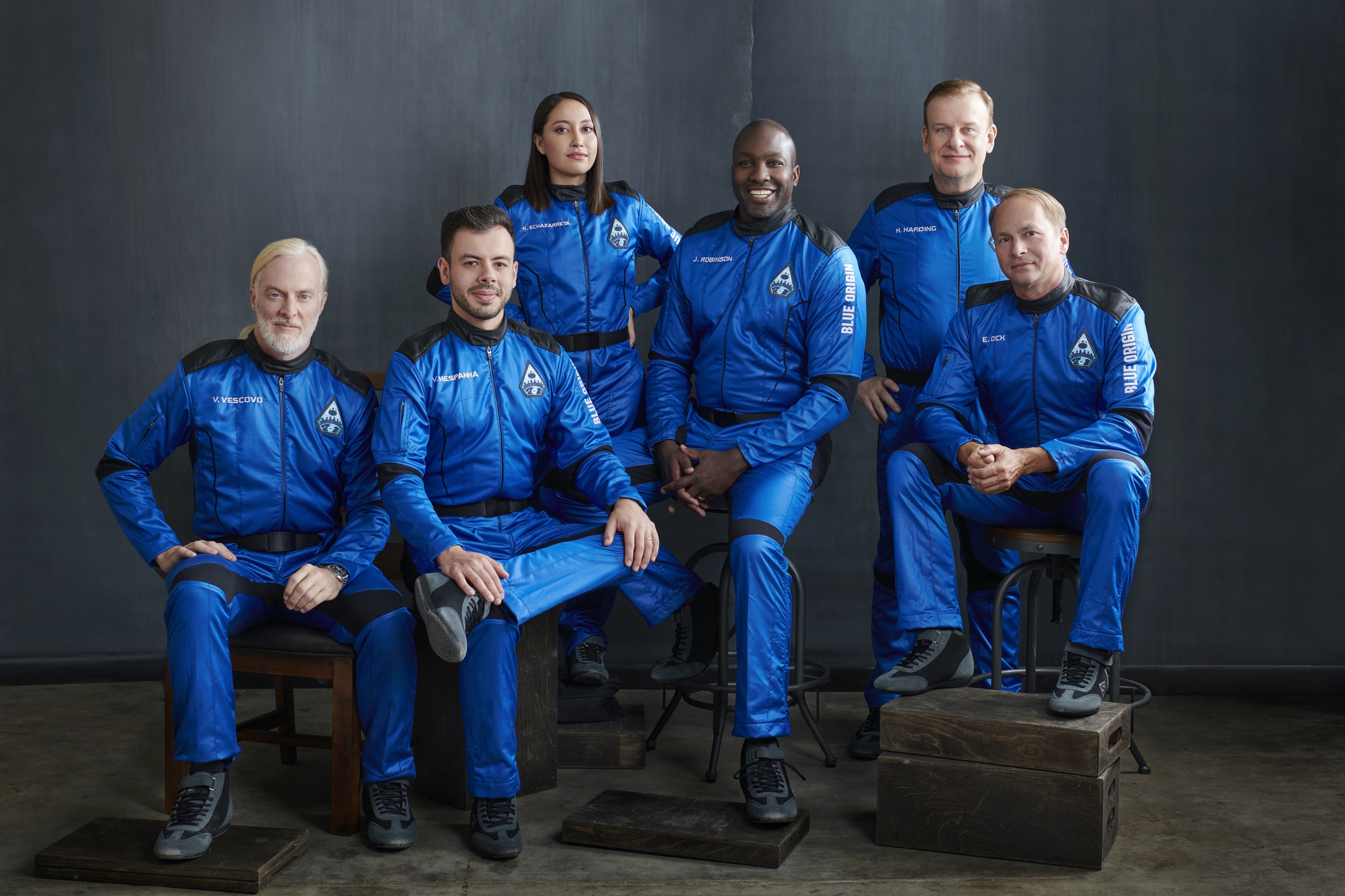 The six members of the NS-21 crew. Left to right: Victor Vescovo, Victor Correa Hespanha, Katya Echazarreta, Jaison Robinson, Hamish Harding and Evan Dick. 