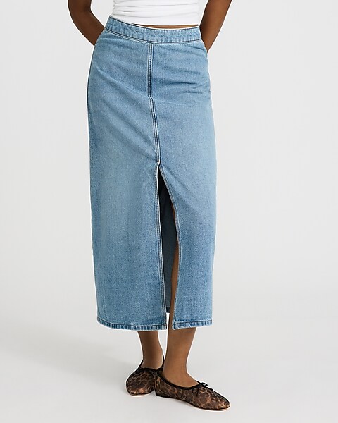 express, High Waisted Light Wash Front Slit Maxi Denim Skirt