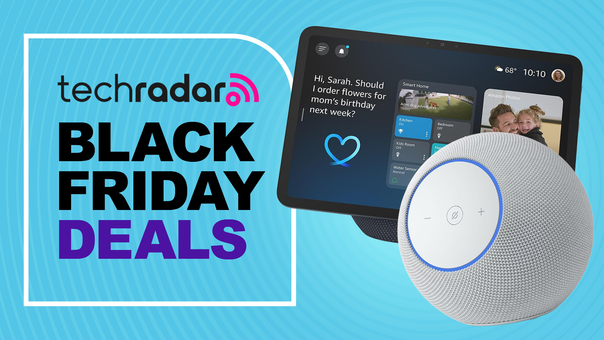 Two Amazon Echo devices on blue background with text &#039;TechRadar Black Friday Deals&#039;