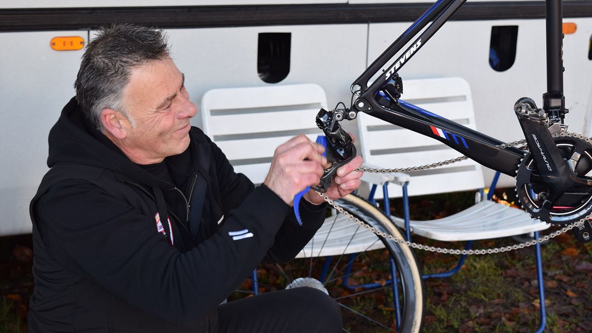The Beobank-Corendon mechanic ensures each compoent is immaculate ahead of racing