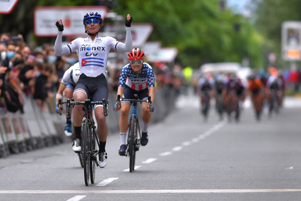 PAMPLONA SPAIN MAY 14 Arlenis Sierra Caadilla of Cuba and AR Monex Womens Pro Cycling Team stage winner celebrates at arrival during the 2nd Navarra Womens Elite Classics 2021 Stage 2 a 1258km stage from PamplonaIrua to PamplonaIrua Emakumeen Nafarroako Klasikoa VueltaNavarra NWE21 on May 14 2021 in Pamplona Spain Photo by Luc ClaessenGetty Images