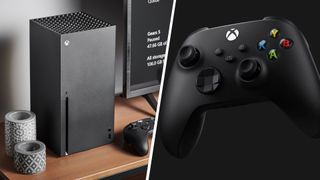 Xbox Series X console on a wooden surface beside plant pots, a controller, and a TV, divided from an Xbox Series X controller floating on a black background by a white line