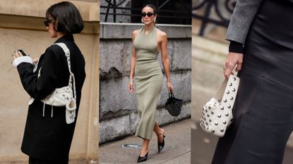 Collage of women wearing embellished purses.