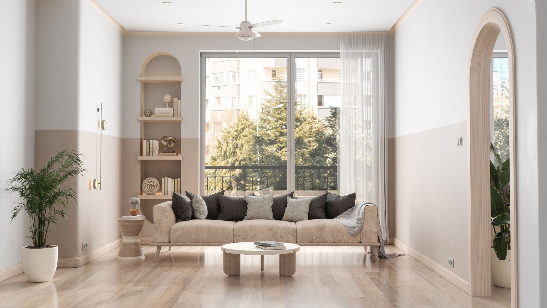 image of living room with neutral palette and rounded shapes