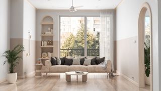 image of living room with neutral palette and rounded shapes