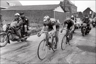 Eddy Merckx is closely followed by his compatriot Roger De Vlaeminck in the 1973 edition of Paris-Roubaix
