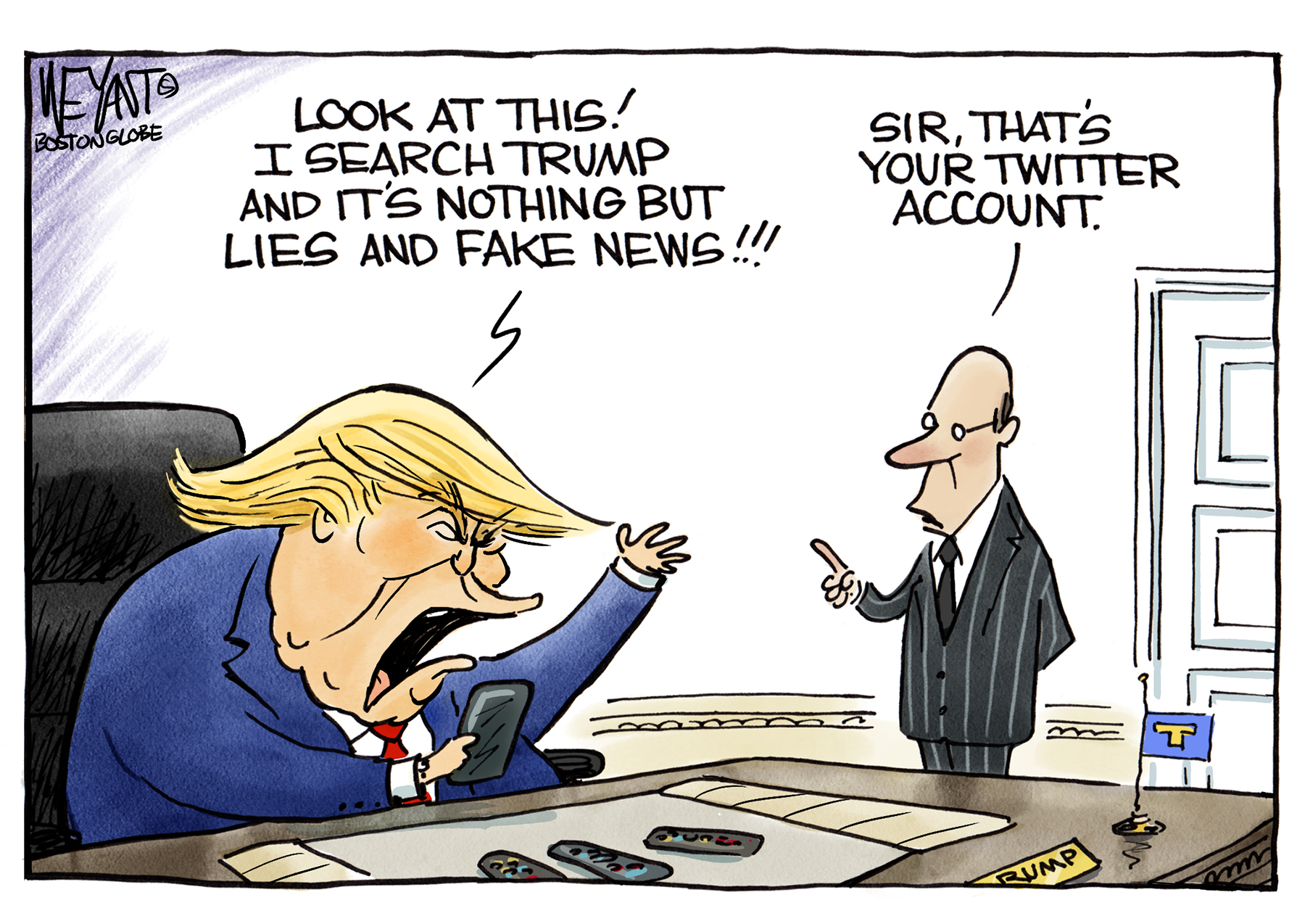 Political cartoon U.S Trump Google fake news media lies Twitter | The Week