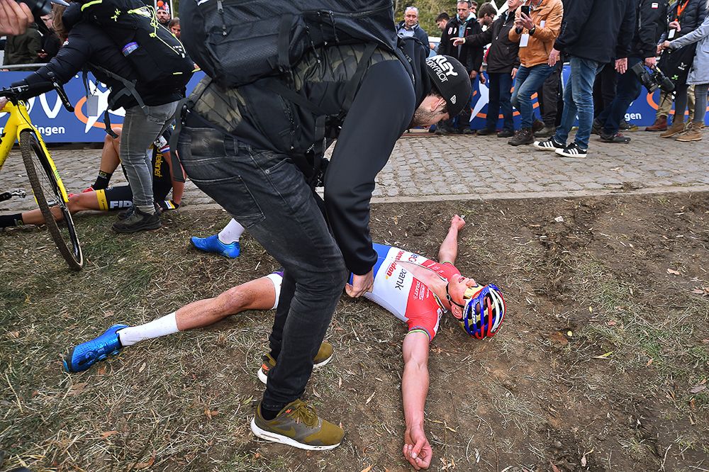 Mathieu van der Poel on the ground after winning Koppenbergcross