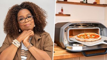 A two-panel image showing one of Oprah's favorite things, the Ooni Volt 12 Pizza Oven