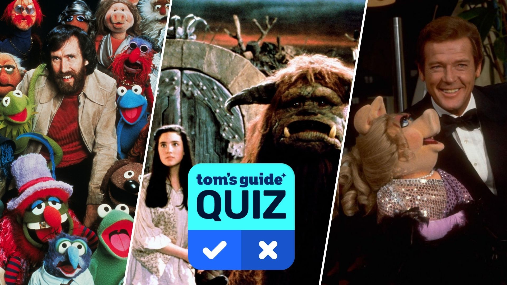 A composite image shows Jim Henson with muppets, a still from Labyrinth, and Roger Moore with Miss Piggy, with a Tom's Guide quiz logo overlaid