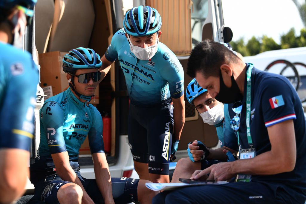 The Astana team plan their tactics before stage 5 of the Tour of Turkey