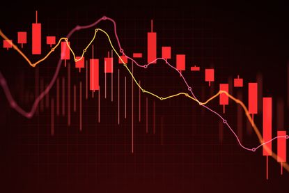 Declining candlestick chart with graph lines in modern style on dark red background, concept of stock collapse and economic recession, 3D Rendering