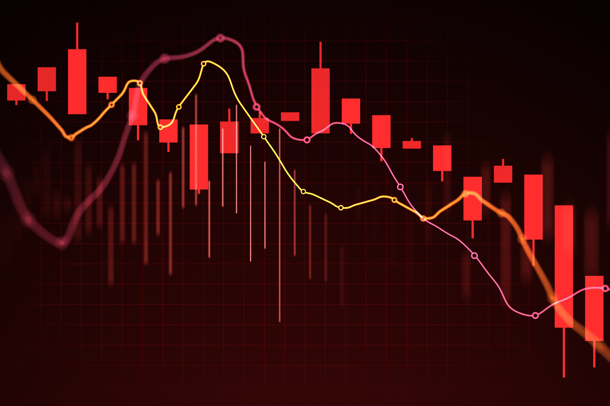 Declining candlestick chart with graph lines in modern style on dark red background, concept of stock collapse and economic recession, 3D Rendering